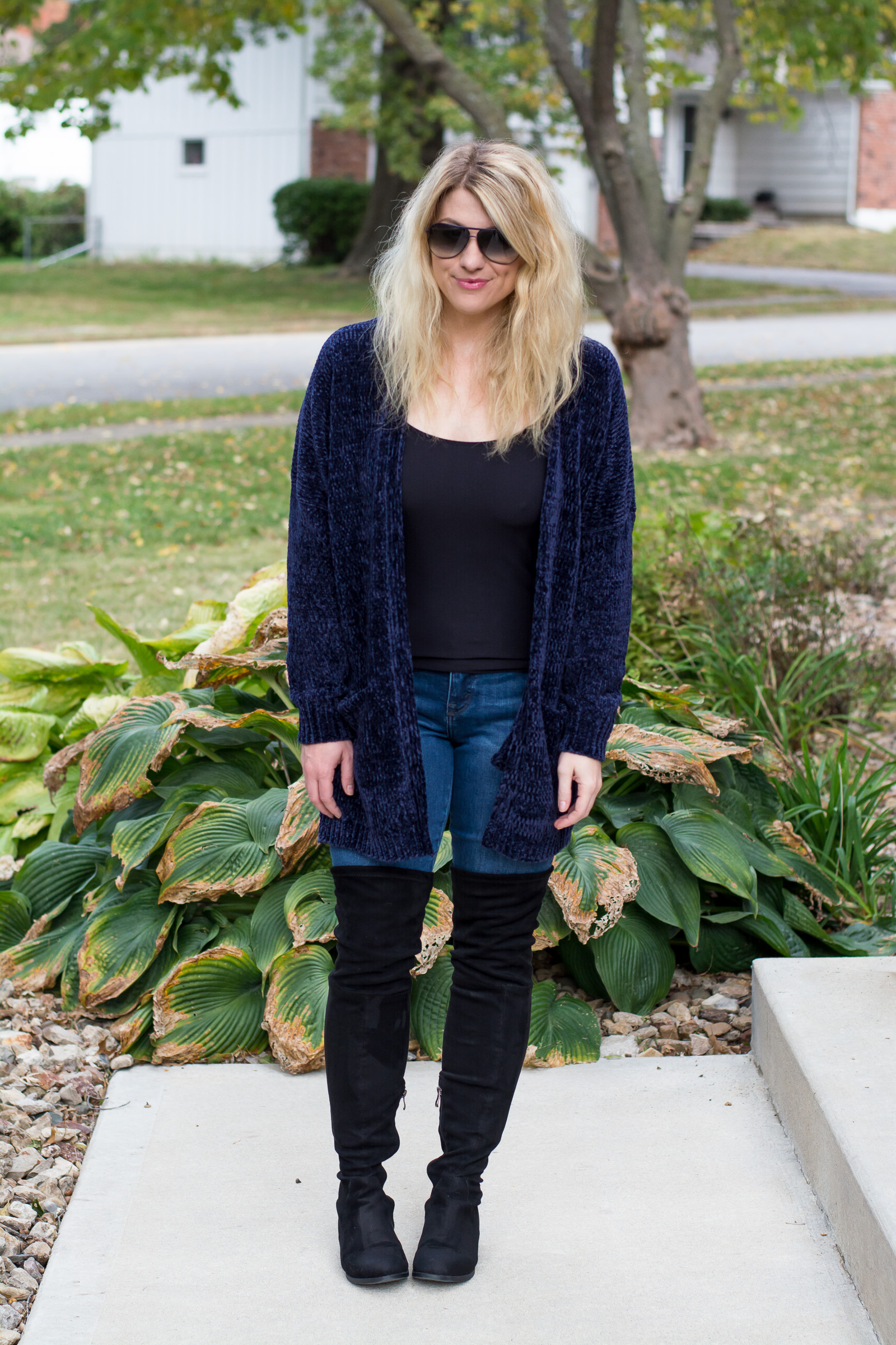 Fall Outfit Idea: Navy Chenille Cardigan. | Ashley from LSR