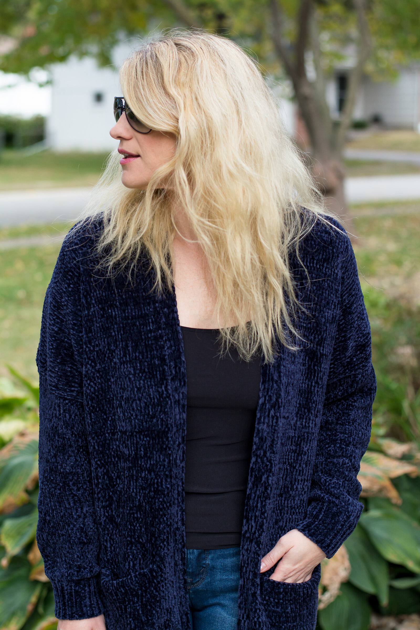 Fall Outfit Idea: Navy Chenille Cardigan. | Ashley from LSR