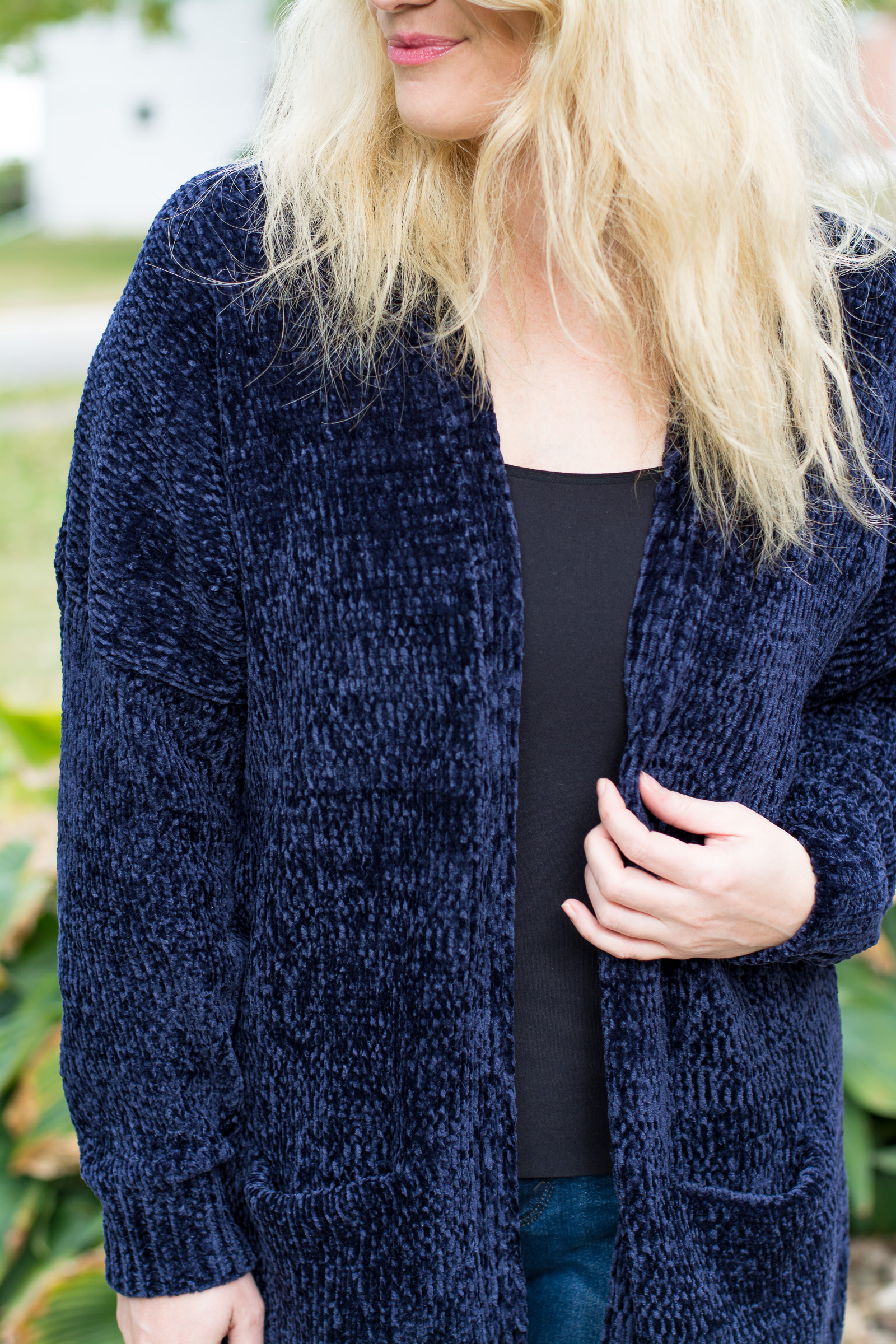 Fall Outfit Idea: Navy Chenille Cardigan. | Ashley from LSR