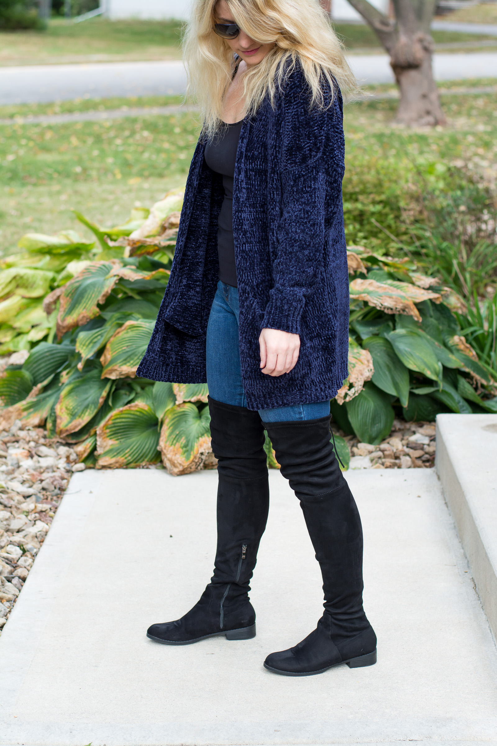 Fall Outfit Idea: Navy Chenille Cardigan. | Ashley from LSR