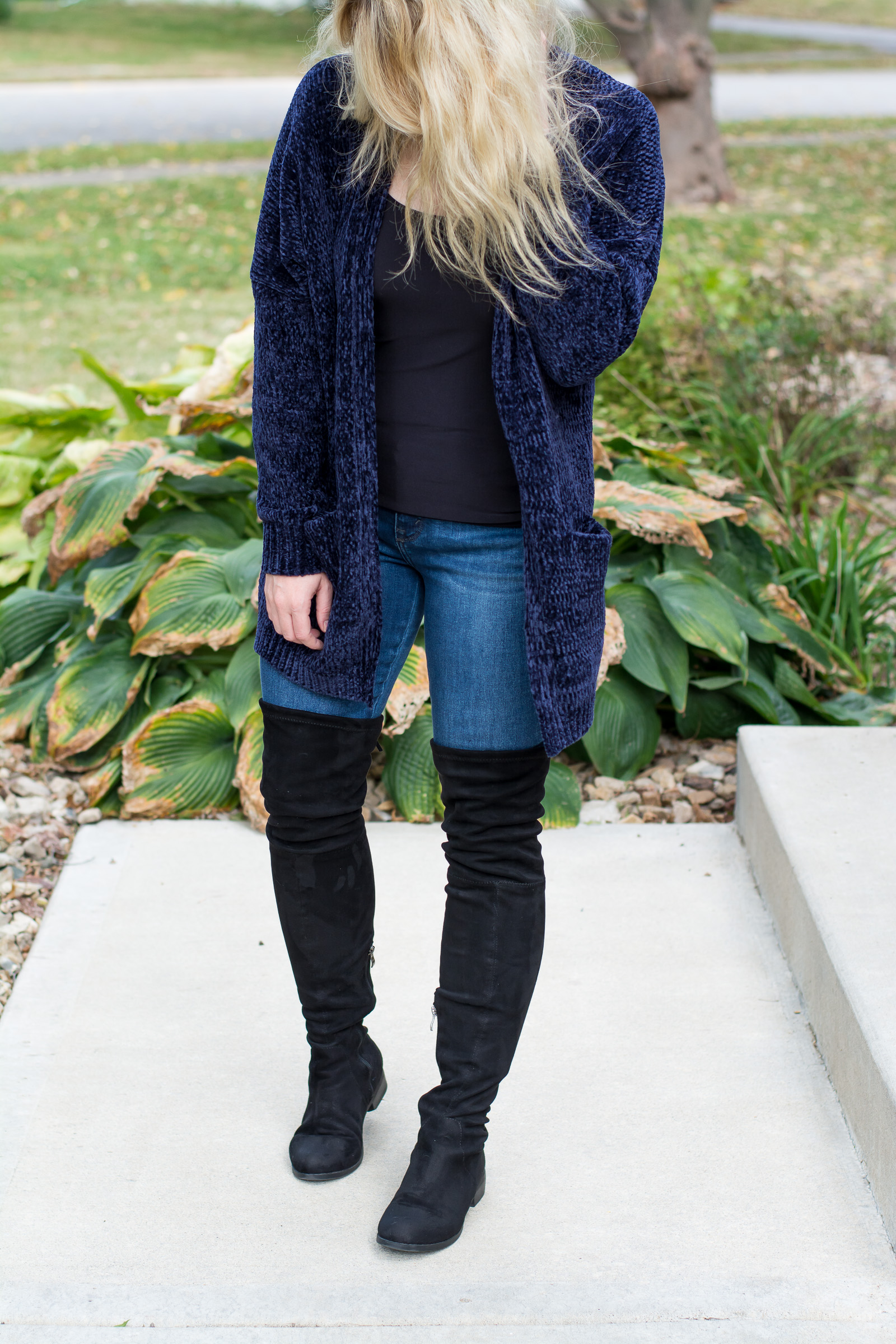 Navy Chenille Cardigan Thigh High Boots. Le Stylo Rouge