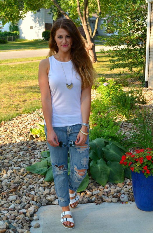 white birkenstocks, white asos tank, one teaspoon awesome baggies, madewell arrowstack necklace, ashley from lsr