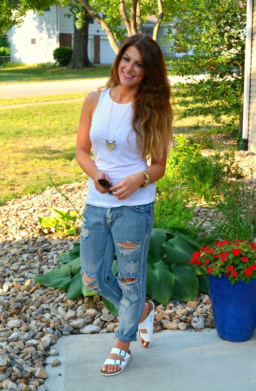 white birkenstocks, white asos tank, one teaspoon awesome baggies, madewell arrowstack necklace, ashley from lsr