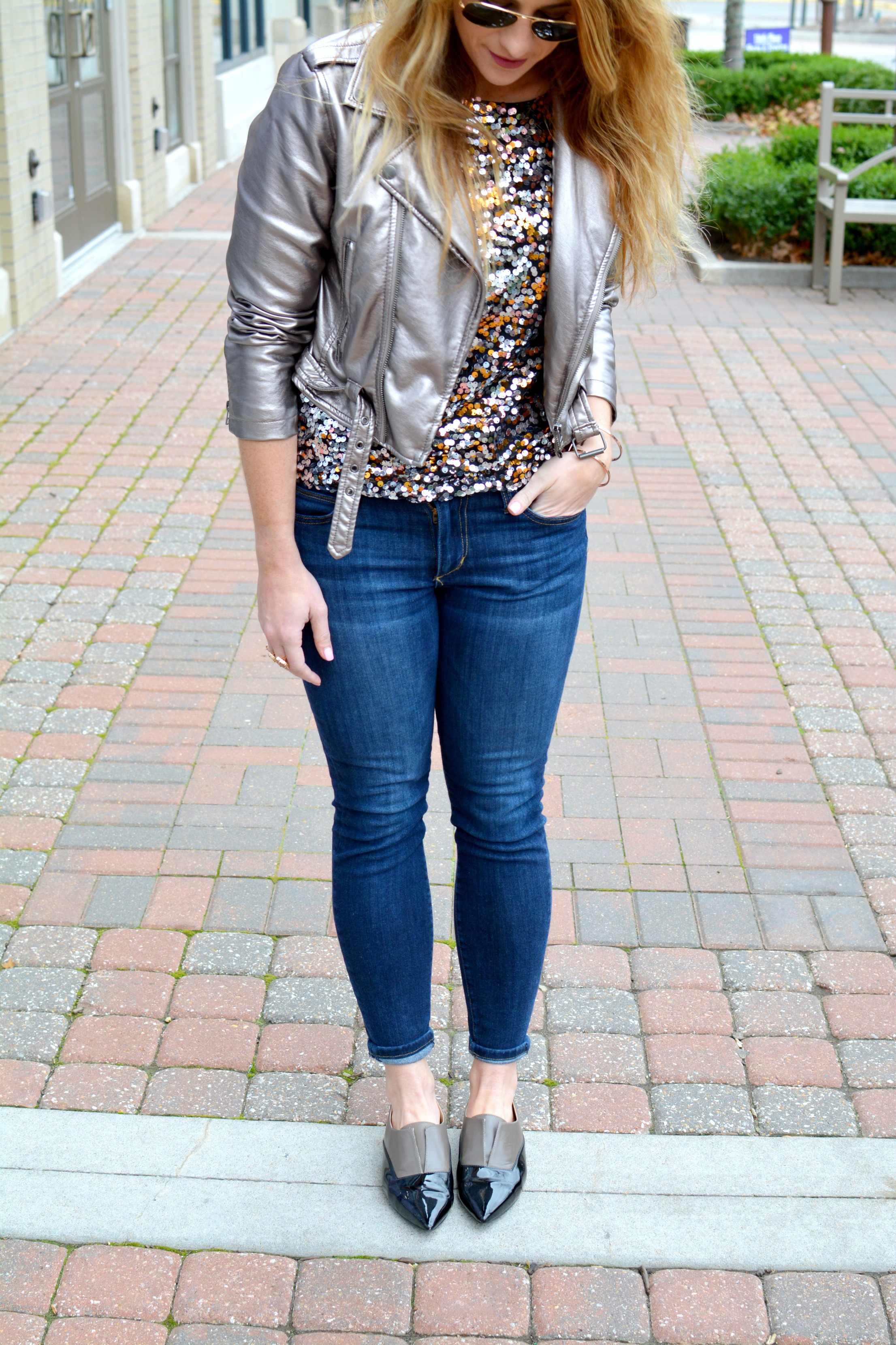 Shiny Holiday: Metallic Leather Jacket + Sequined Top. | LSR