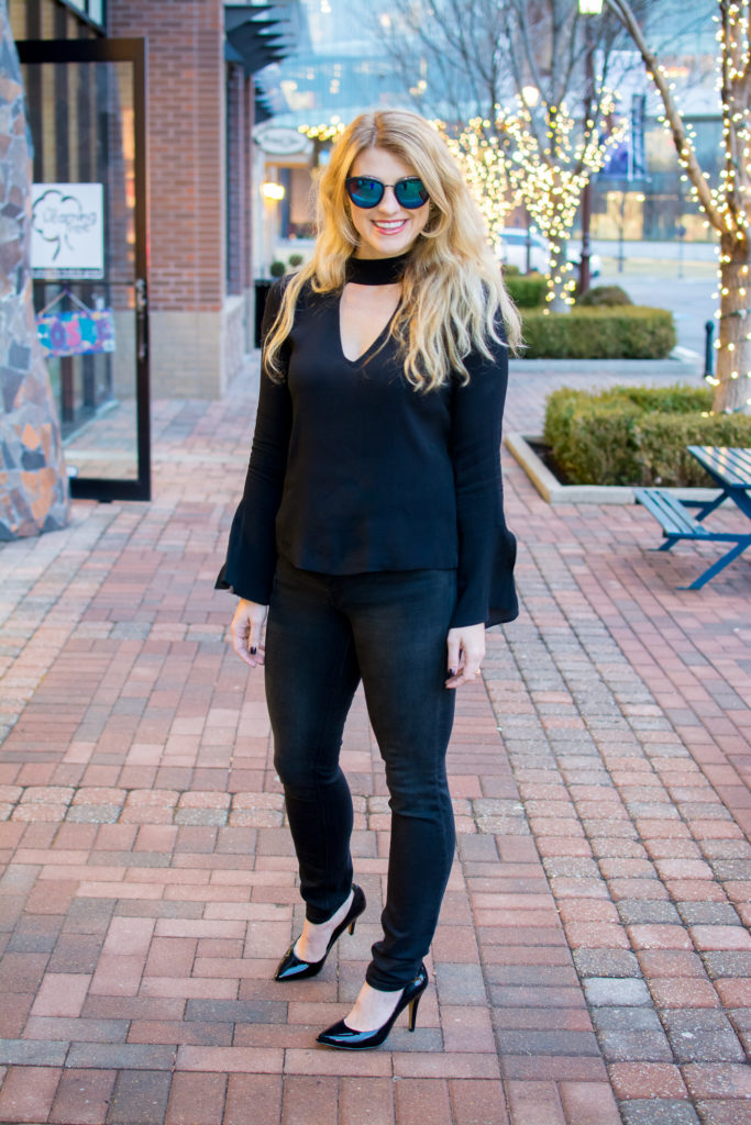 Black Choker Blouse with Black Denim. | Le Stylo Rouge