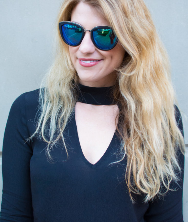 Ashley from LSR In a black choker blouse and Diff Eyewear sunnies