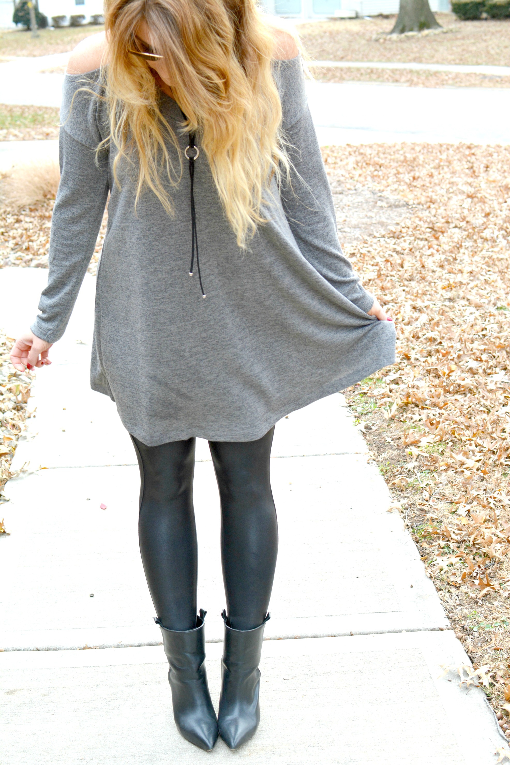 sweater dress with leggings and booties