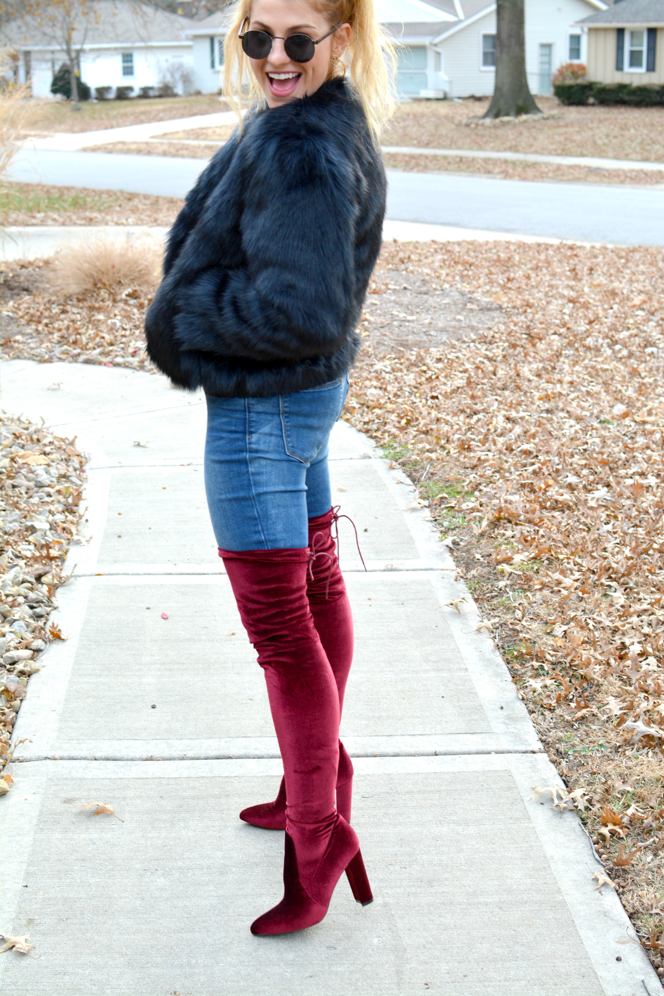 burgundy thigh high boots outfit