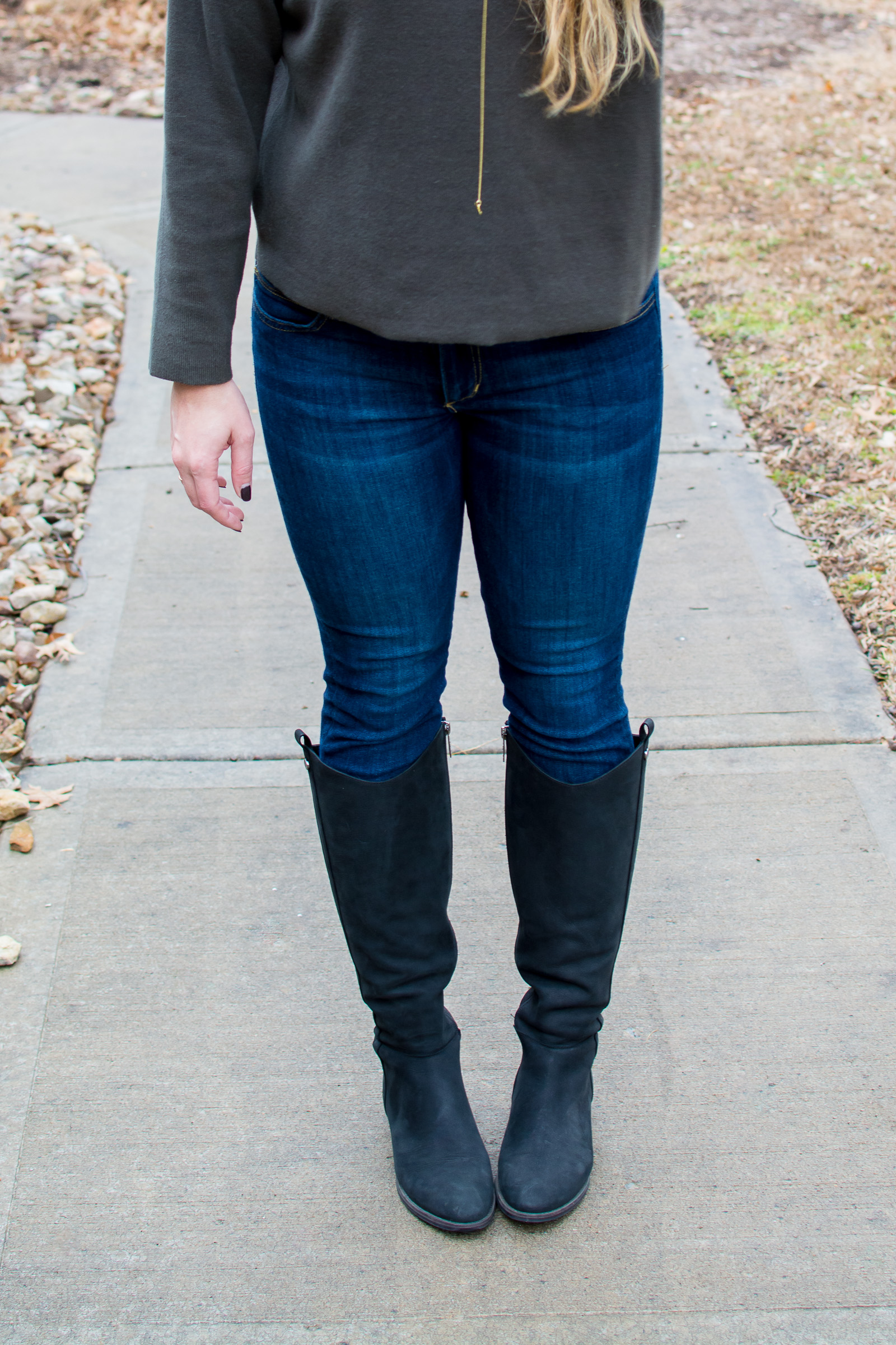 Olive Green Sweater + Black Riding Boots. | Le Stylo Rouge