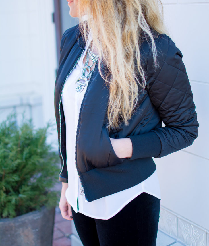 Ashley from LSR in velvet leggings, a satin bomber jacket, and a statement necklace for a casual valentine's day outfit