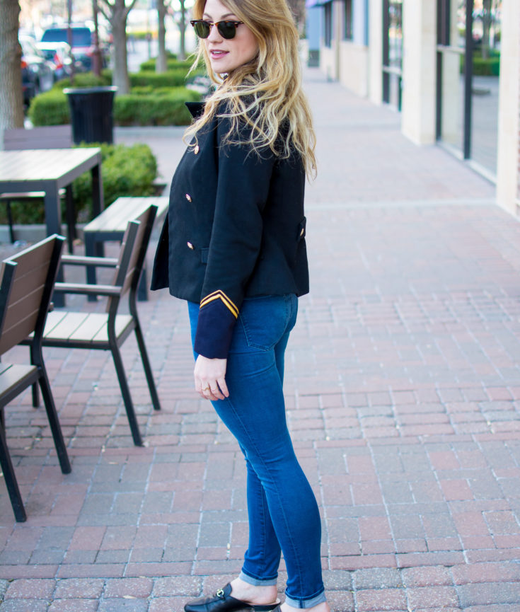 A Military Jacket with Skinny Jeans and Leather Mule Loafers. | Ashley from Le Stylo Rouge