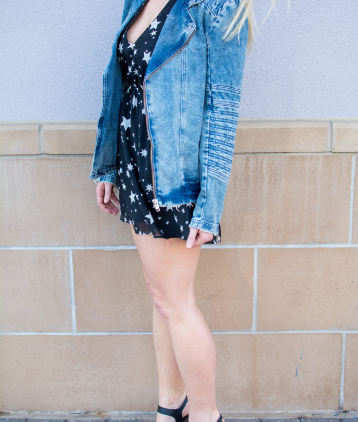 Spring Outfit Idea: Star Print Dress with a Men's Denim Jacket. | Ashley from Le Stylo Rouge