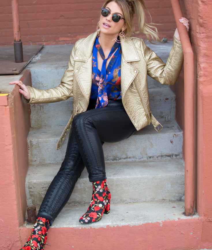 Gold Leather Jacket + Embroidered Boots. | Ashley from Le Stylo Rouge