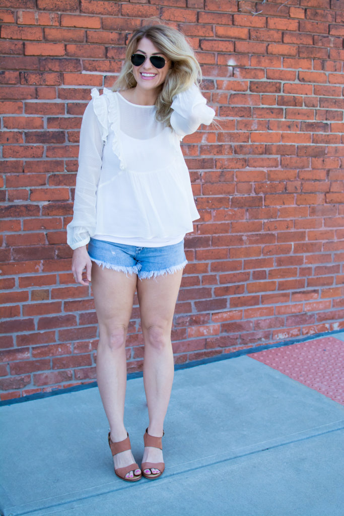 Wedges with a Breezy Cream Ruffled Blouse. | Le Stylo Rouge