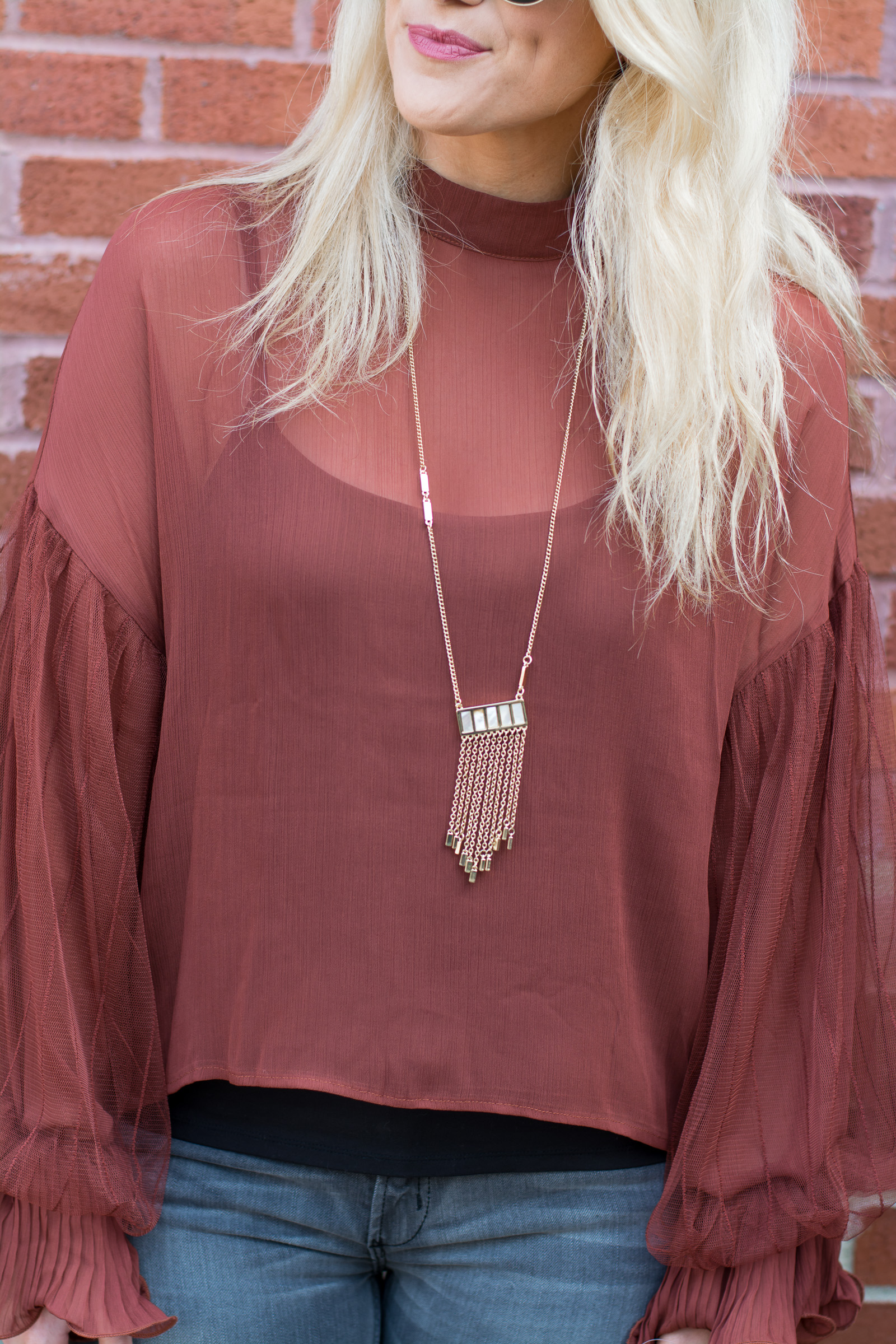 Casual Holiday Outfit: Rust Blouse + Gray Jeans. | Ashley from LSR