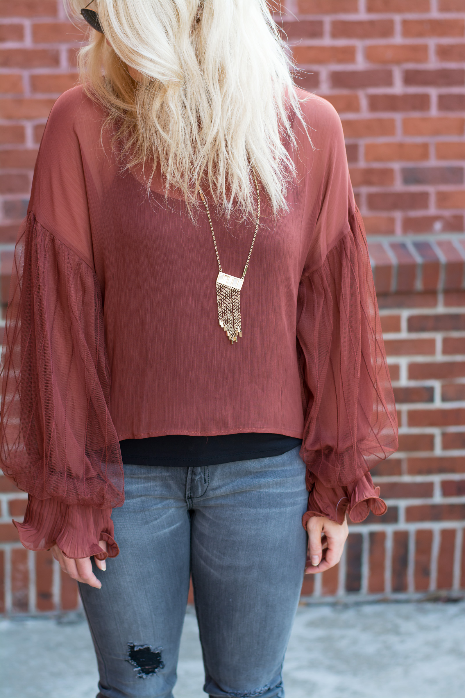 Casual Holiday Outfit: Rust Blouse + Gray Jeans. | Ashley from LSR