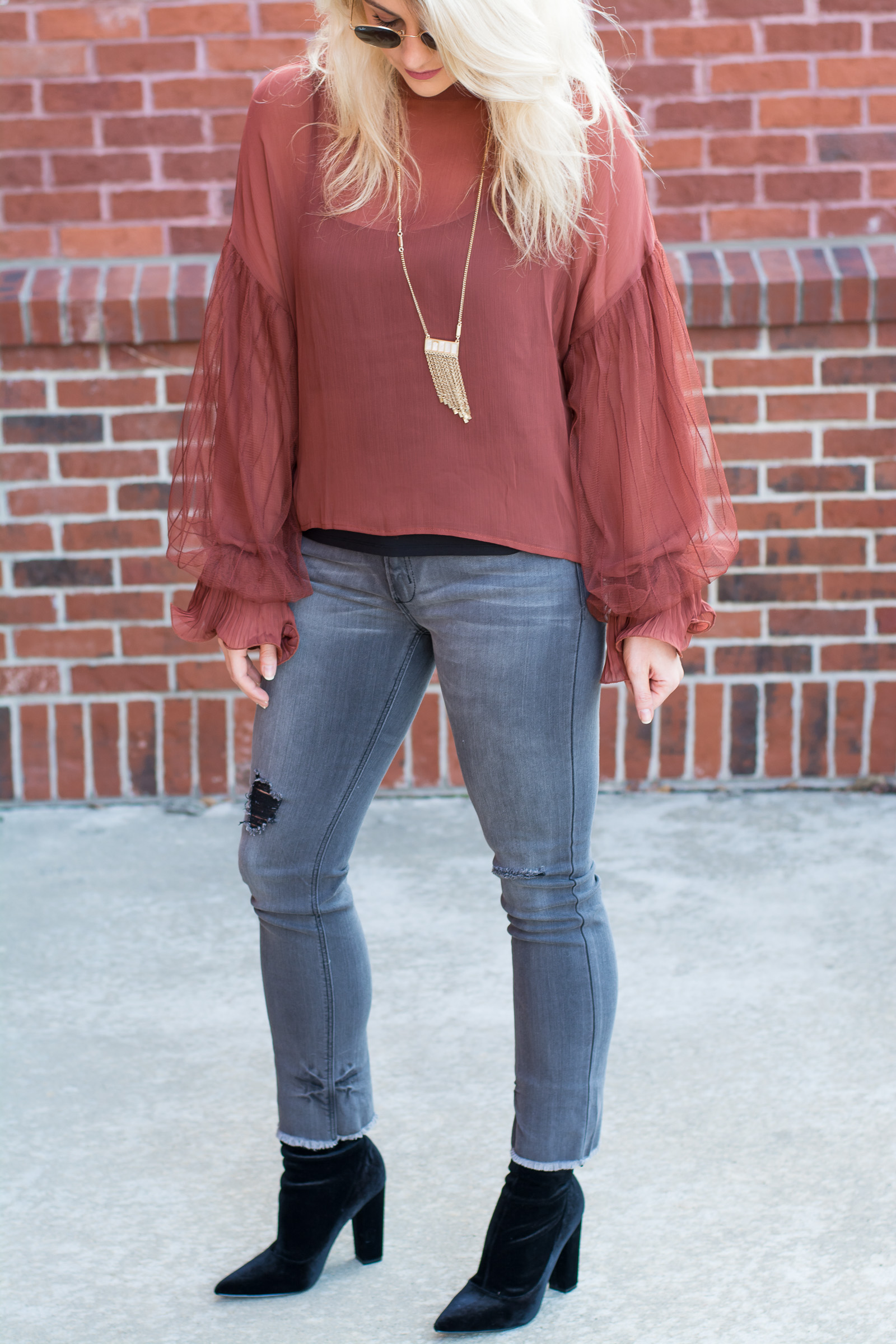 Casual Holiday Outfit: Rust Blouse + Gray Jeans. | Ashley from LSR