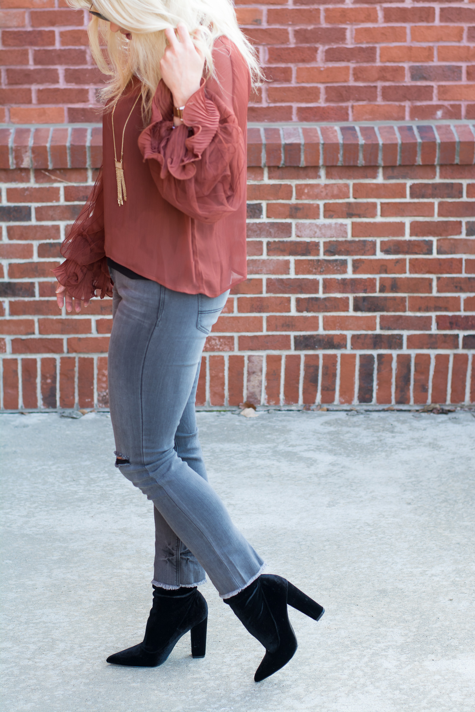 Casual Holiday Outfit: Rust Blouse + Gray Jeans. | Ashley from LSR