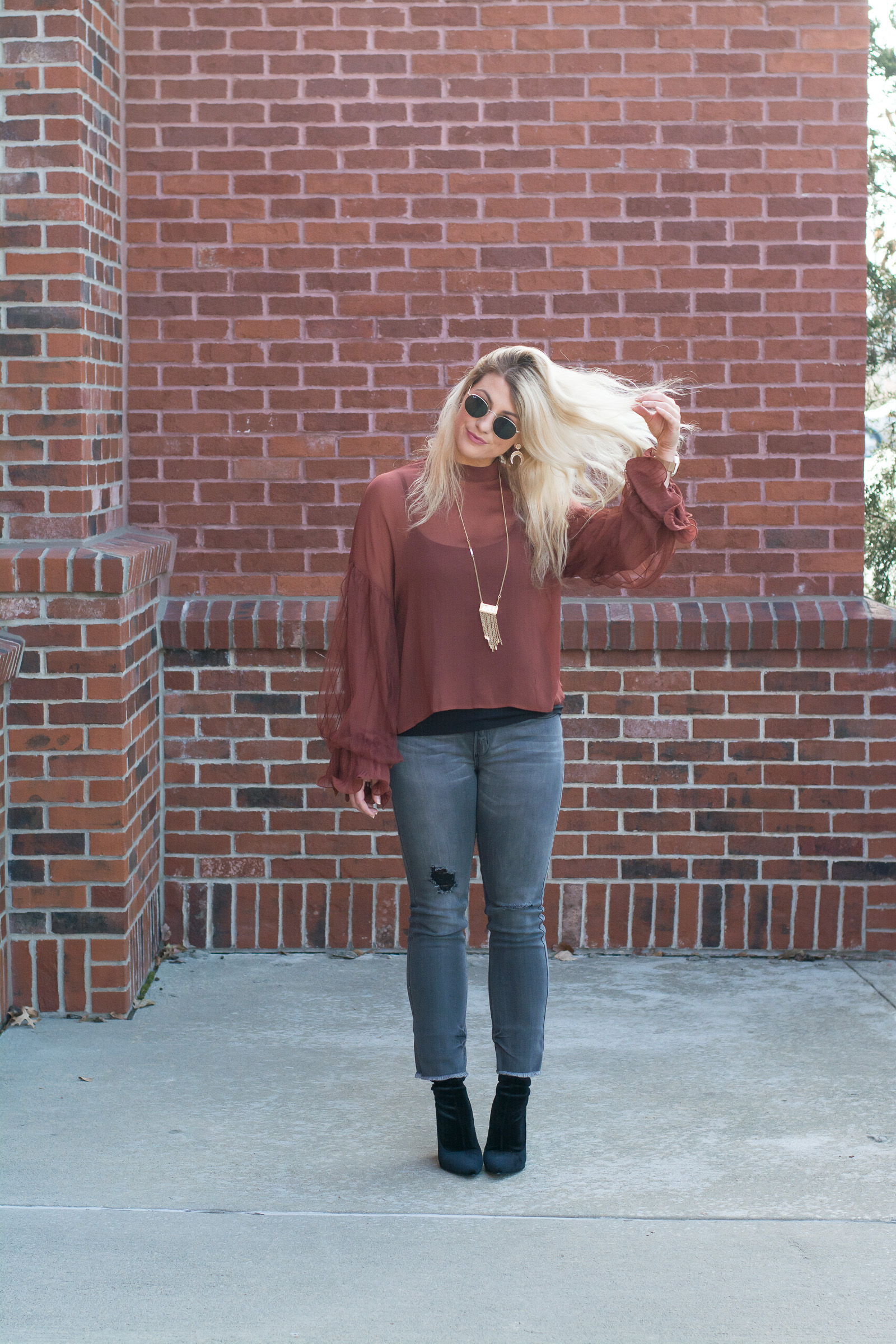 Casual Holiday Outfit: Rust Blouse + Gray Jeans. | Ashley from LSR