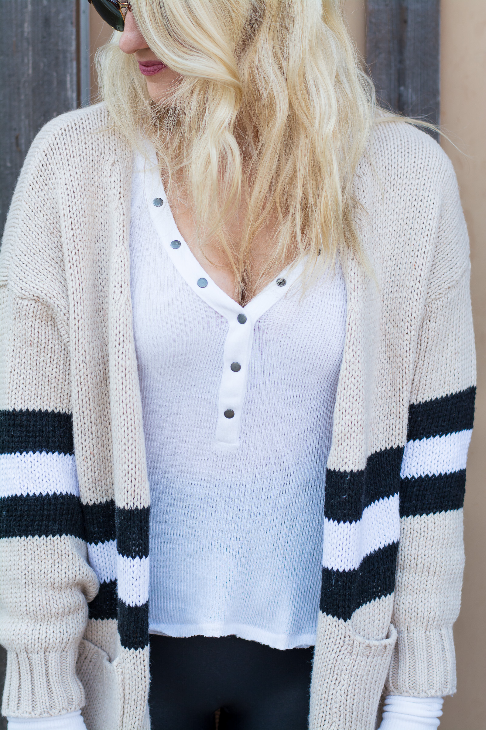 Striped Cardigan with Spanx Leggings + Fur Mules.