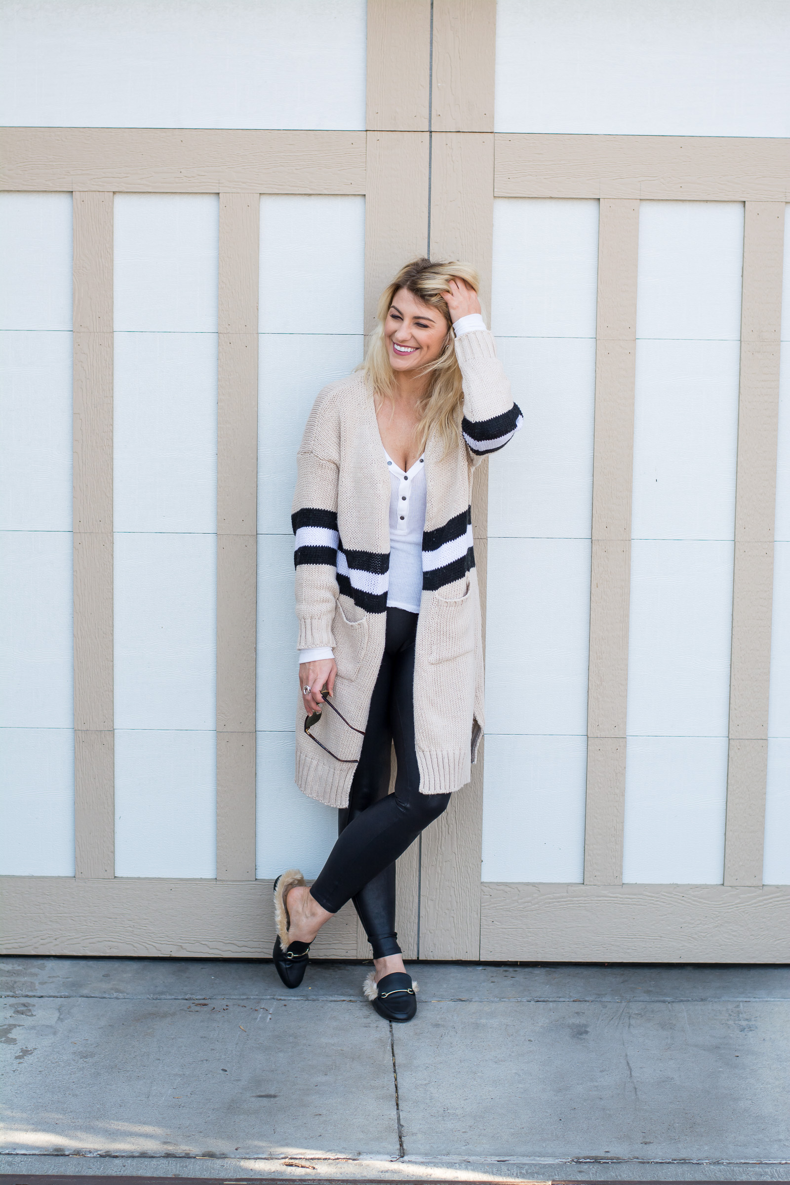 Striped Cardigan with Spanx Leggings + Fur Mules.