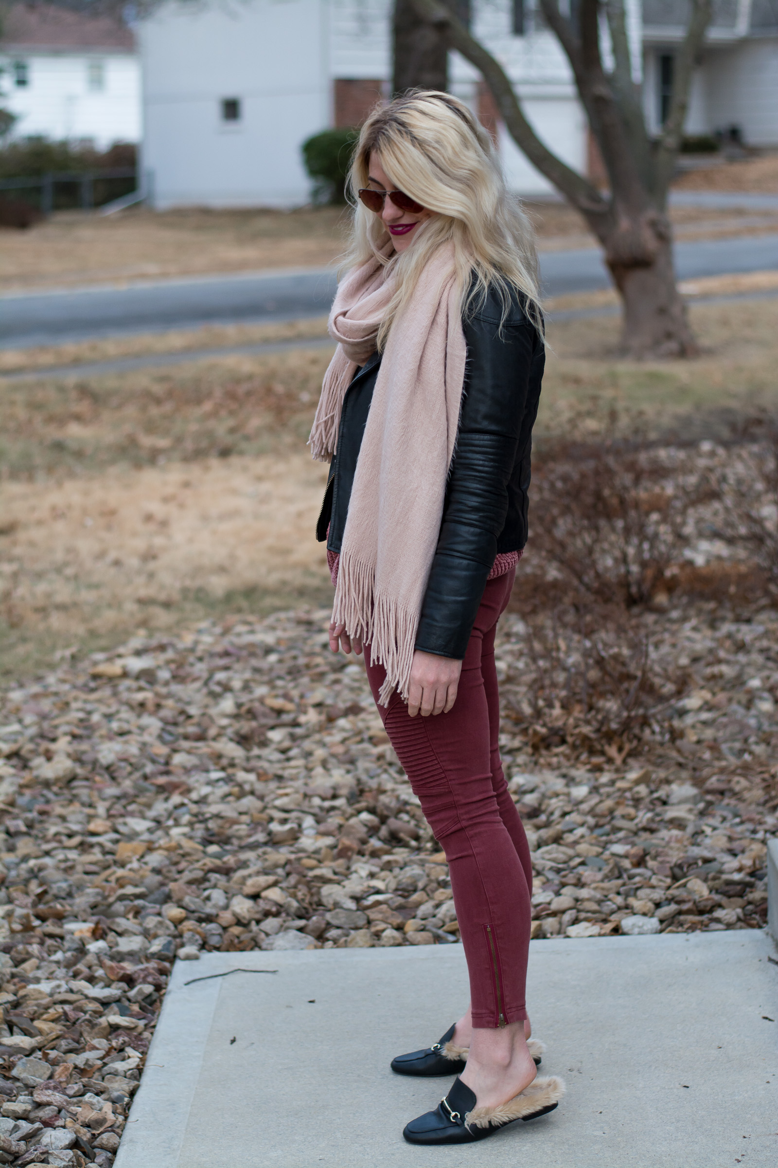 Winter Blush: Black Leather Jacket + Blush Blanket Scarf. | Ashley from LSR