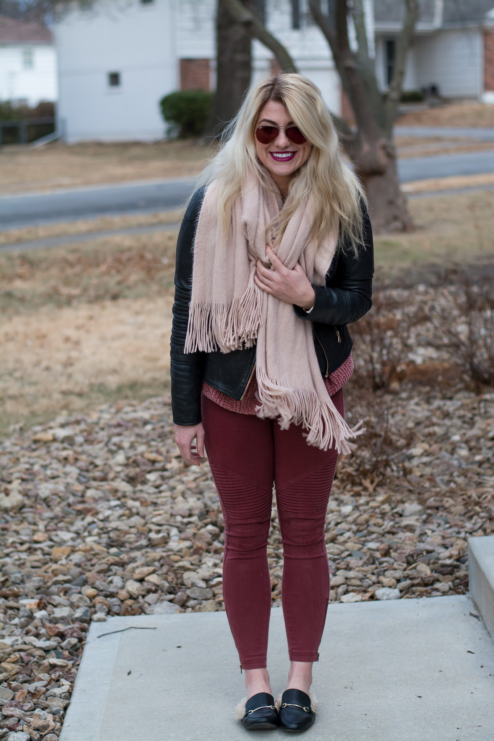 Winter Blush: Black Leather Jacket + Blush Blanket Scarf. | Ashley from LSR