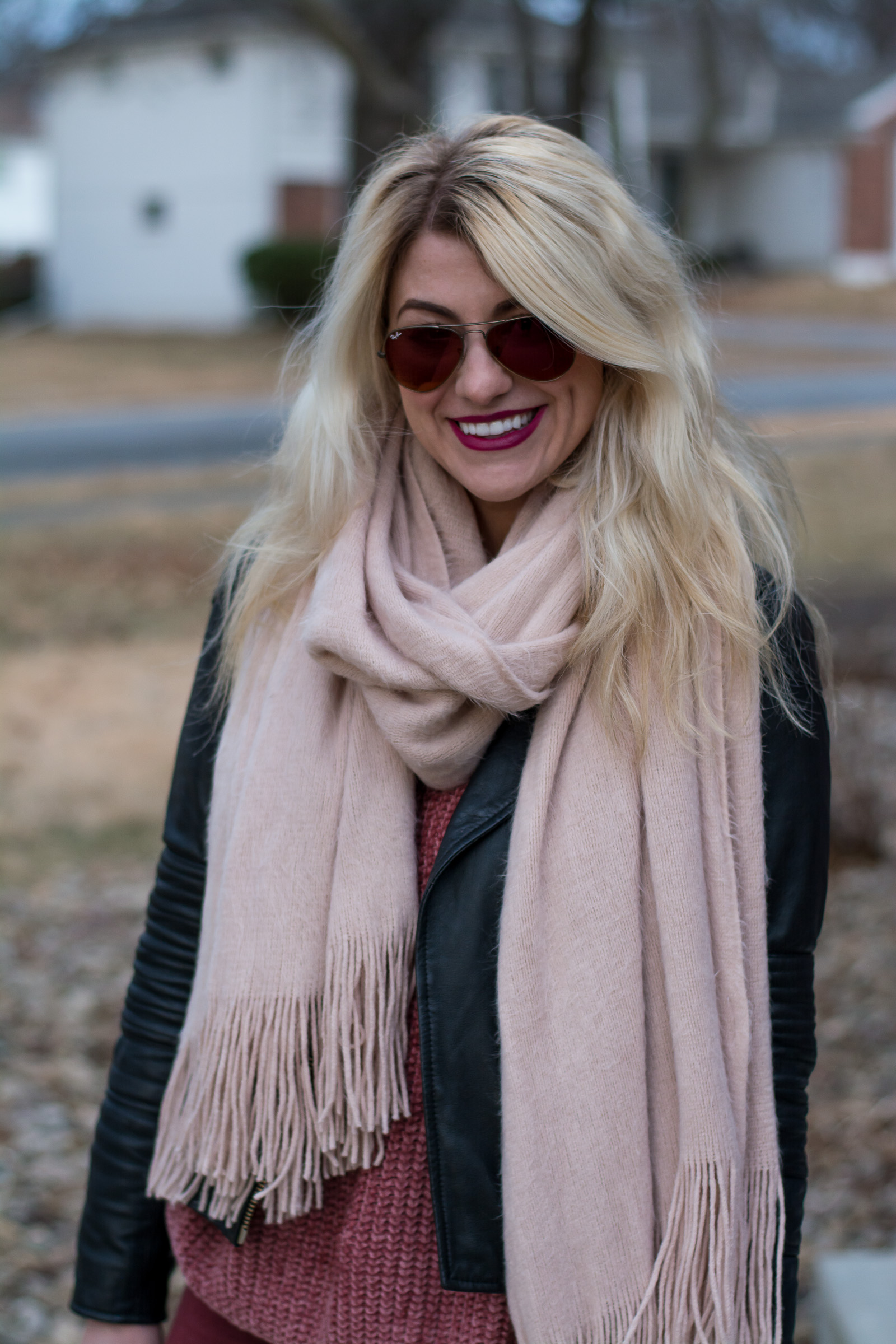 Winter Blush: Black Leather Jacket + Blush Blanket Scarf. | Ashley from LSR