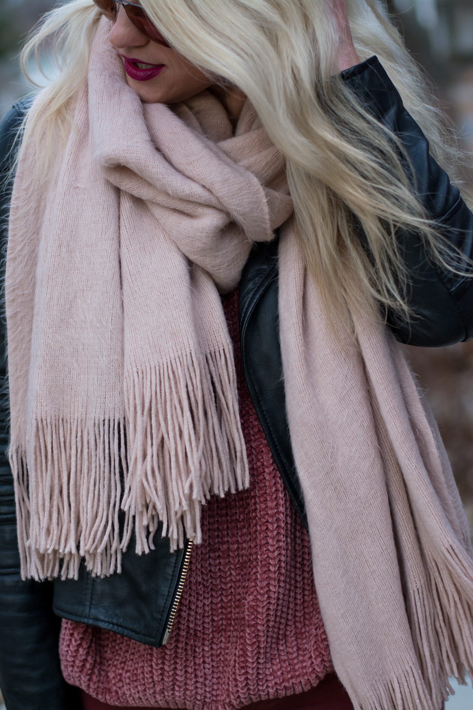 Winter Blush: Black Leather Jacket + Blush Blanket Scarf. | Ashley from LSR