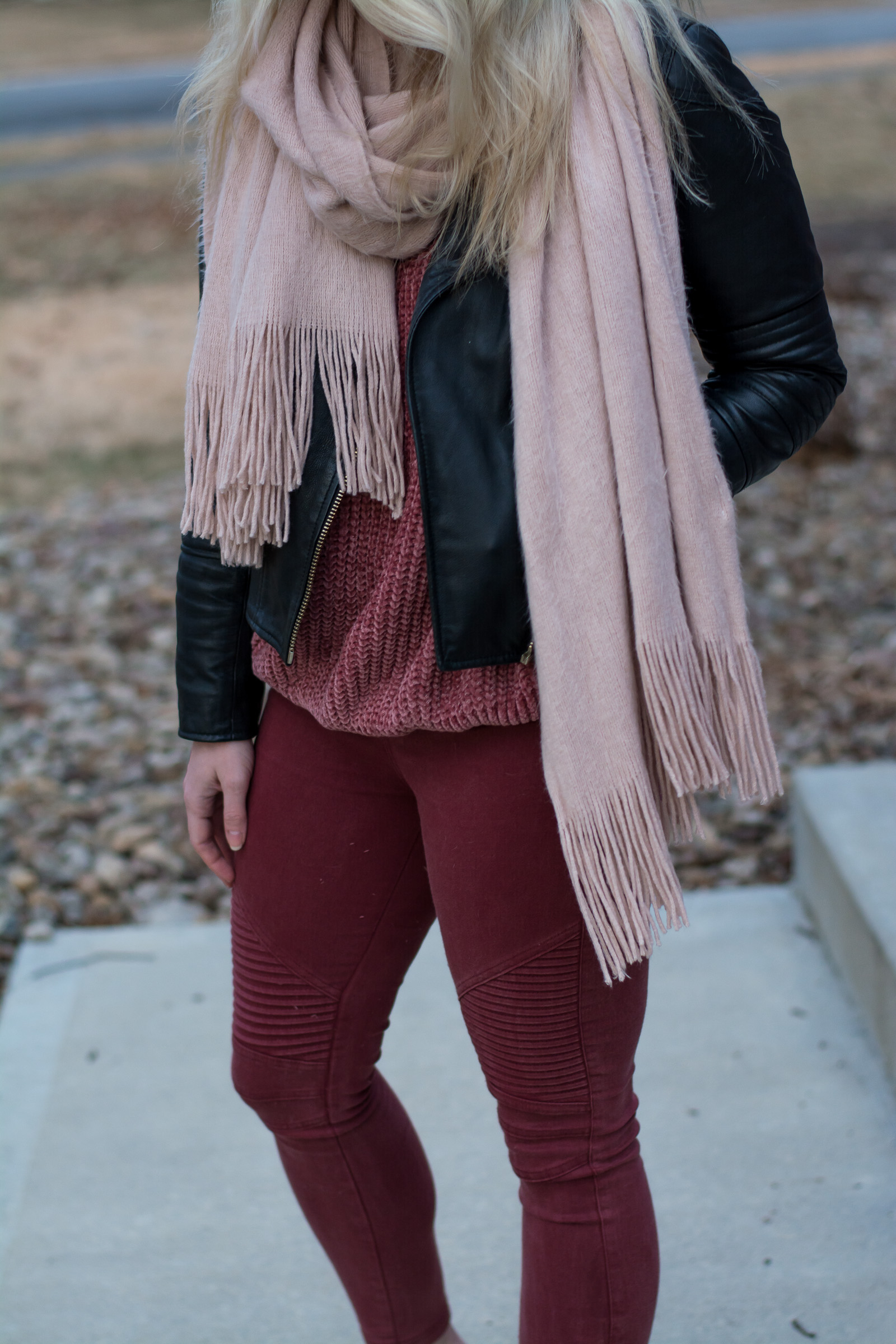 Winter Blush: Black Leather Jacket + Blush Blanket Scarf. | Ashley from LSR