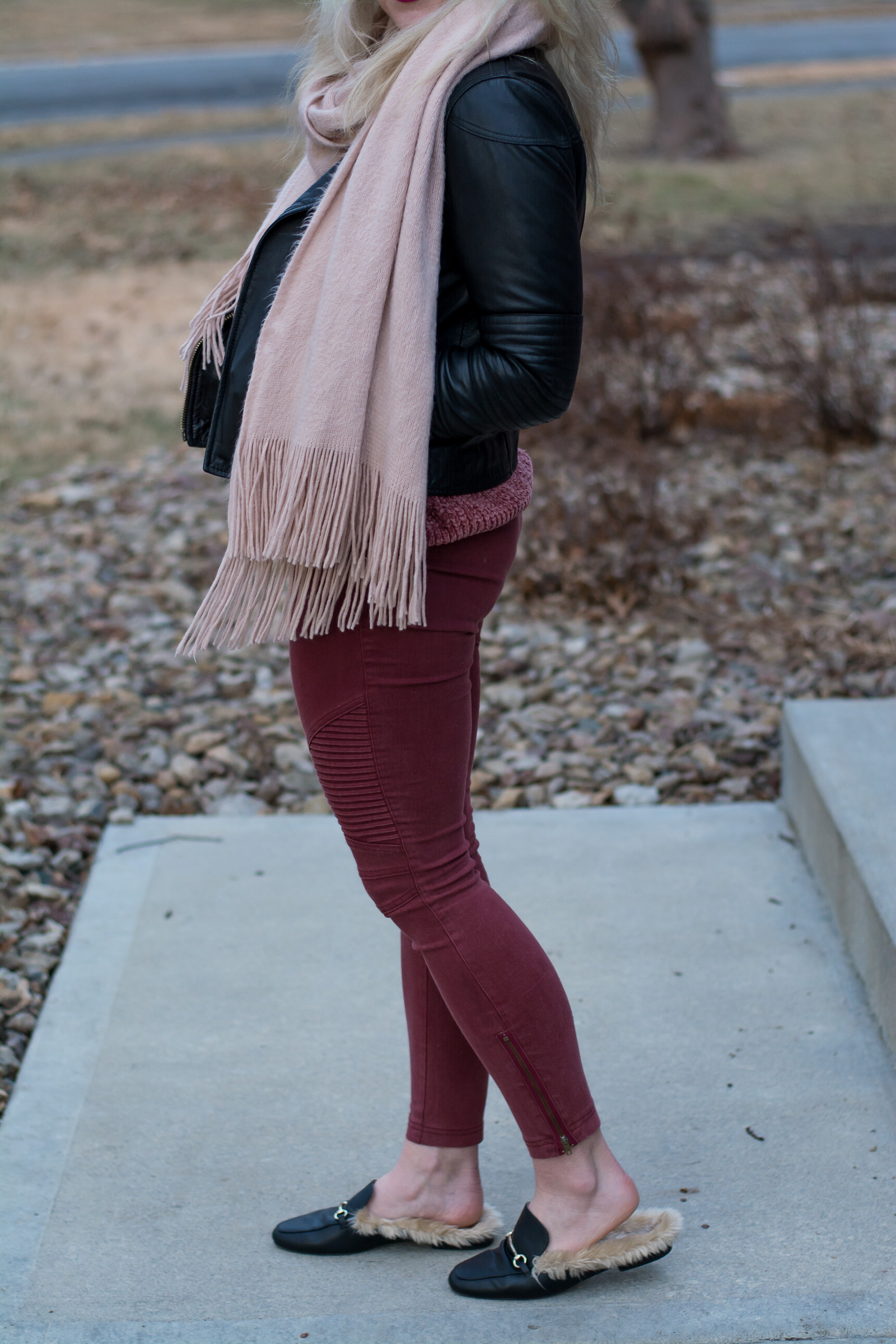 Winter Blush: Black Leather Jacket + Blush Blanket Scarf. | Ashley from LSR