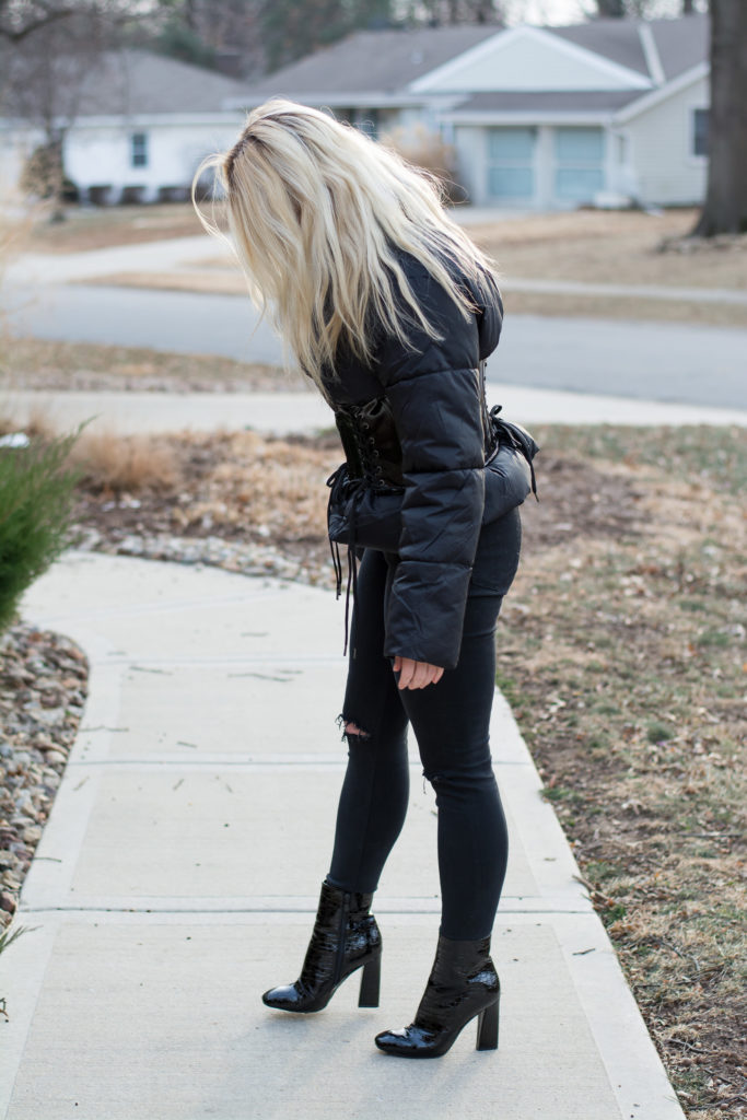 Black Corset Coat with Patent Boots. | Le Stylo Rouge