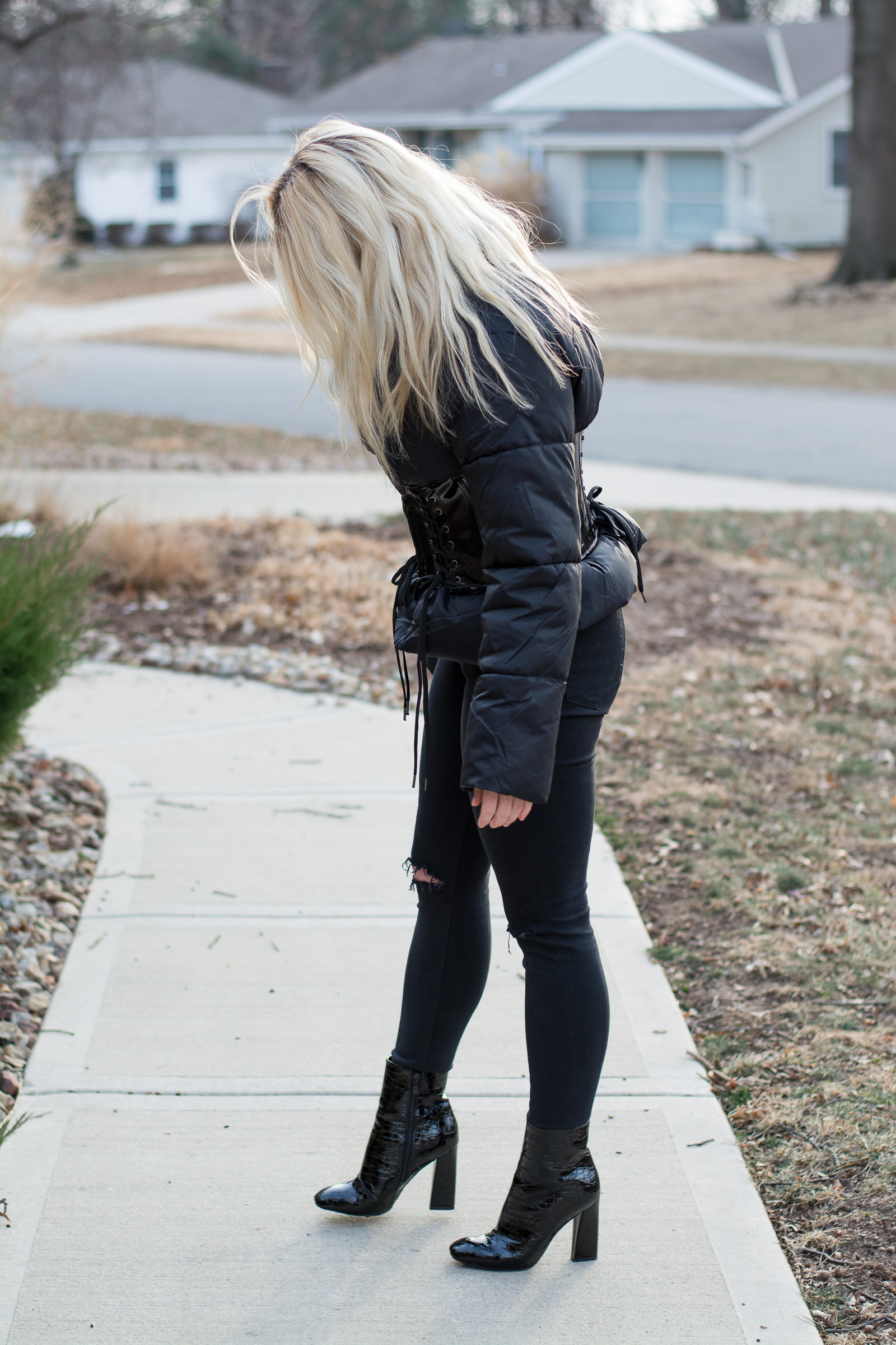 Black Corset Coat with Patent Boots.