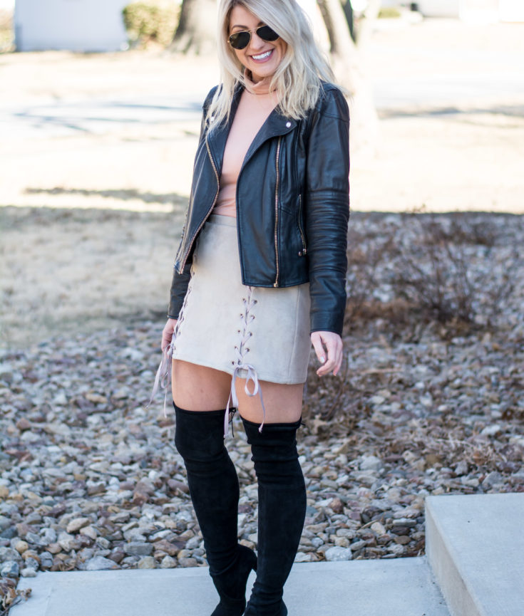 Spring Outfit: Suede Skirt + Tall Boots. | Ashley from LSR