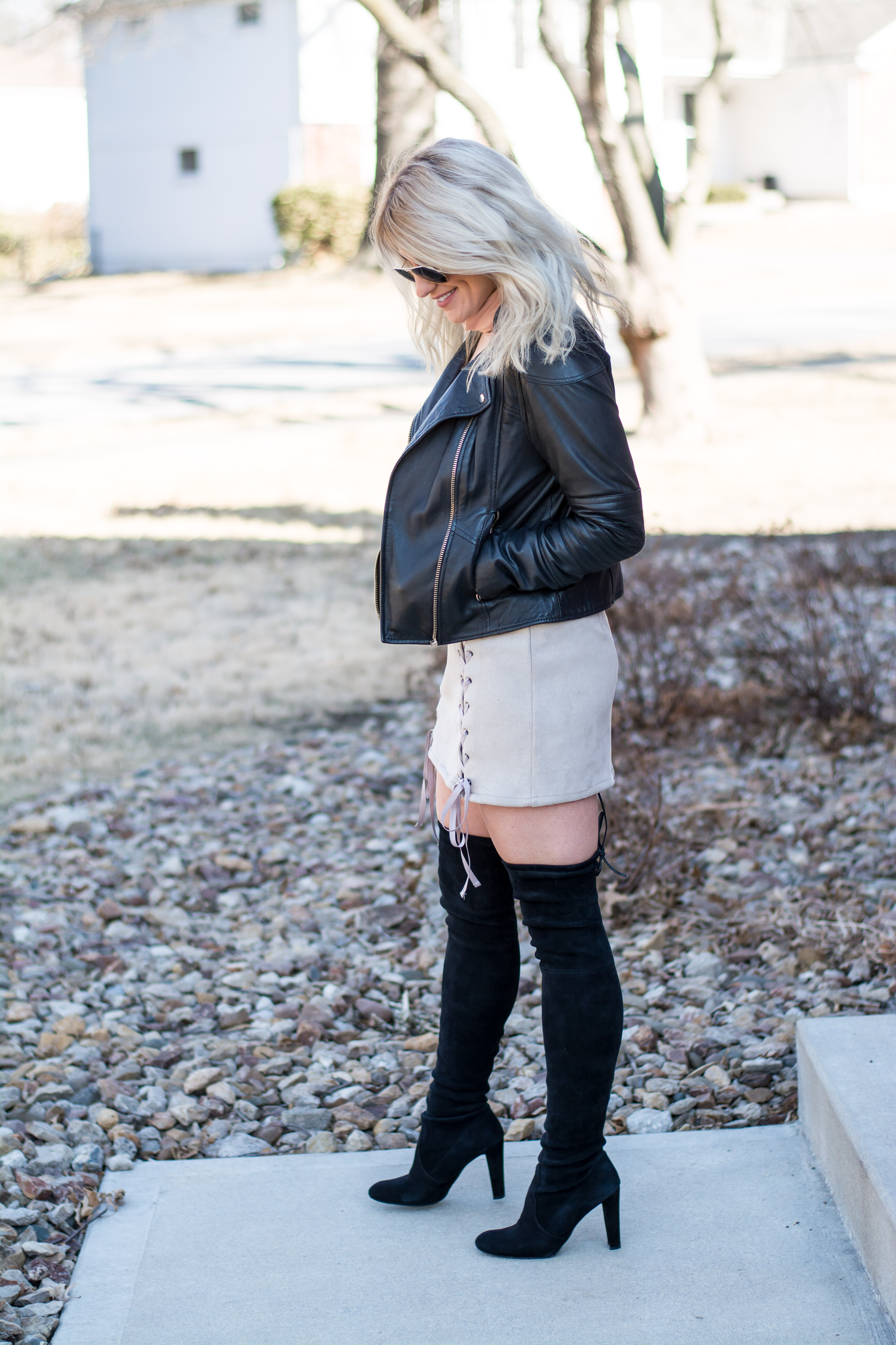 Spring Outfit: Suede Mini Skirt + Tall Boots. | Ashley from LSR
