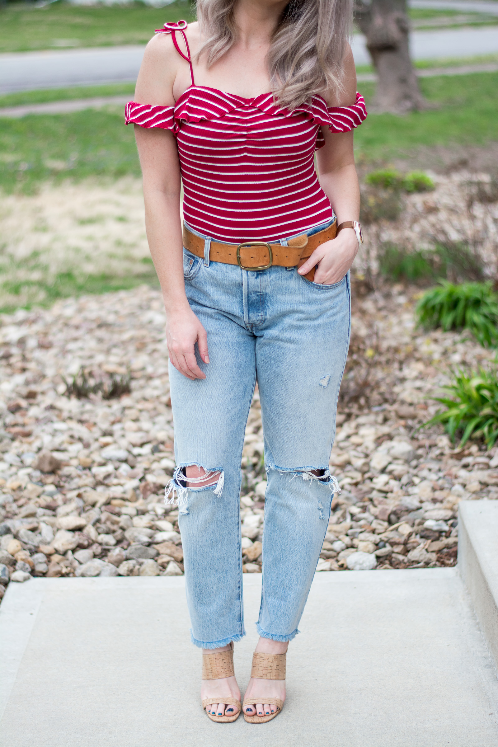 Rocking a Red Striped Bodysuit with Kindred. | Le Stylo Rouge