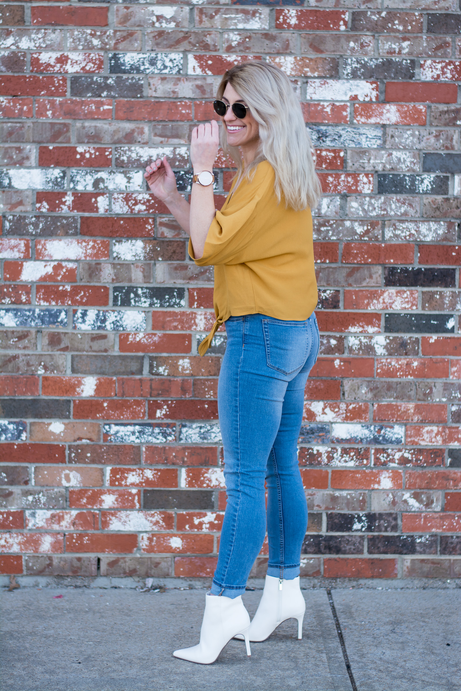 Spring Outfit Idea: Mustard Blouse + White Booties. | Ashley from LSR