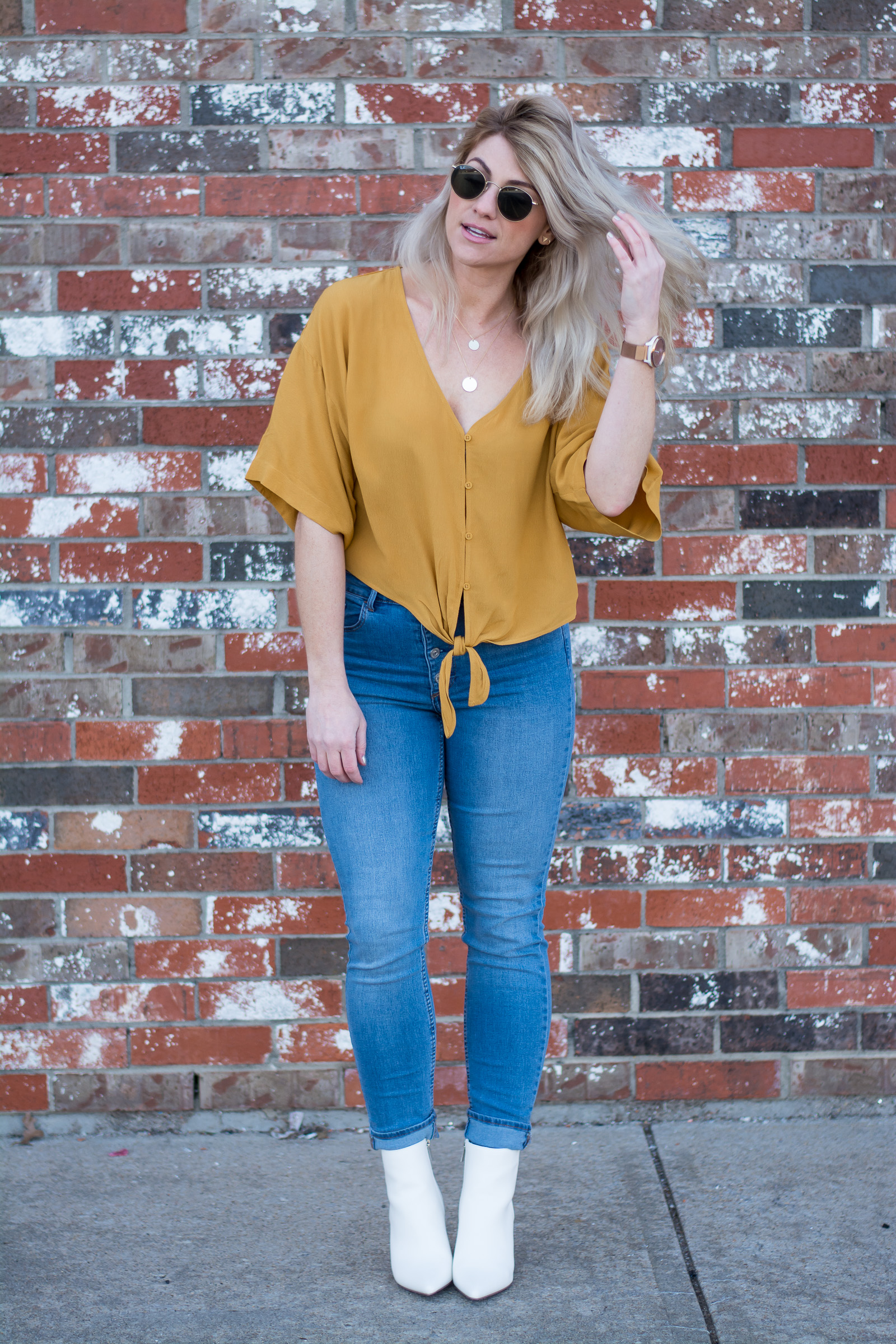 Spring Outfit Idea: Mustard Blouse + White Booties. | Ashley from LSR
