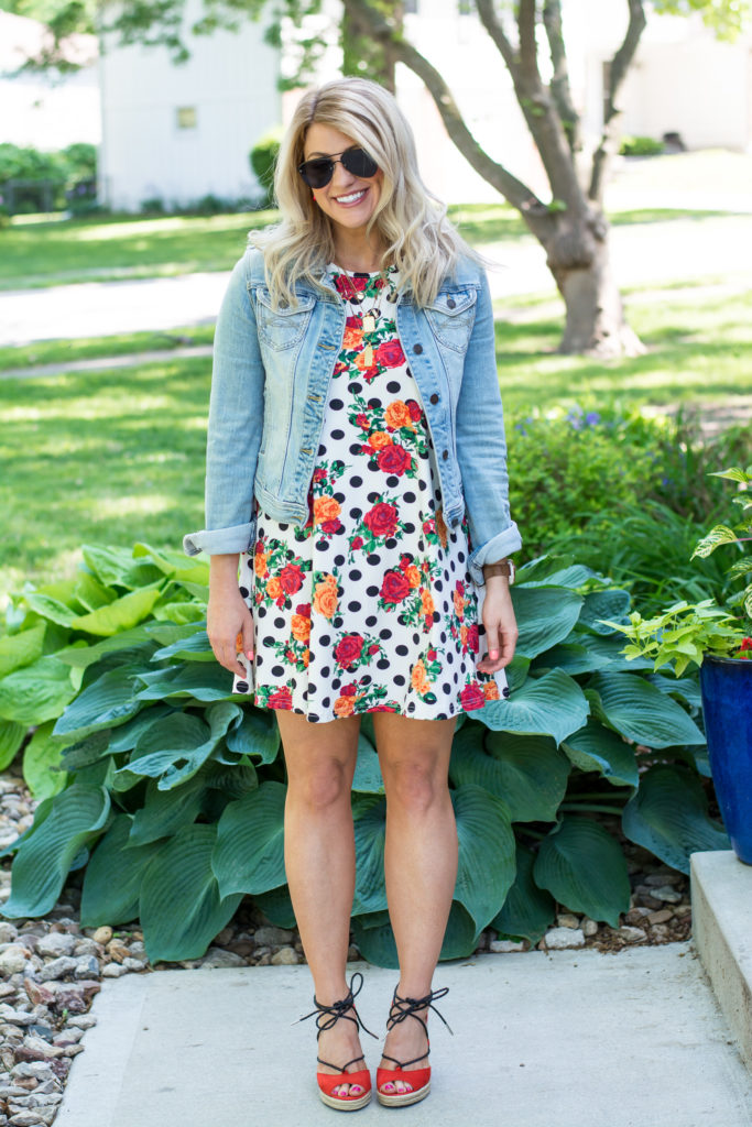 Floral + Polka Dot Swing Dress with a Jean Jacket. | Le Stylo Rouge