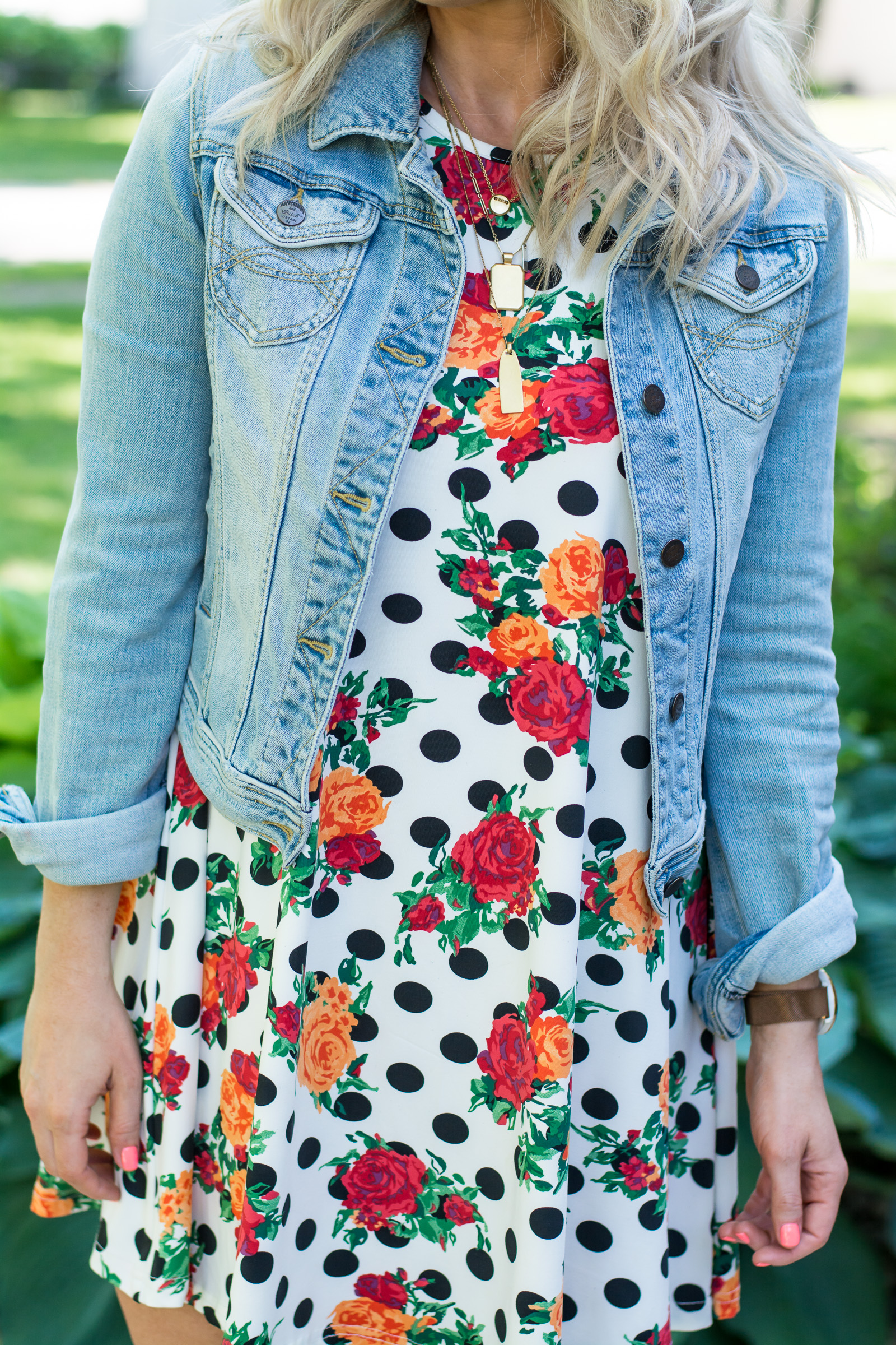 Floral + Polka Dot Swing Dress with a Jean Jacket. | Le Stylo Rouge