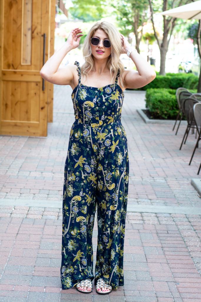 Navy Floral Jumpsuit + White Studded Sandals. | Le Stylo Rouge