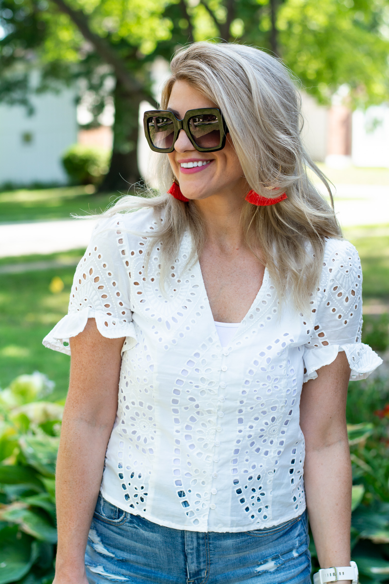 Summer Outfit: White Eyelet + Orange Slides. | Ashley from LSR
