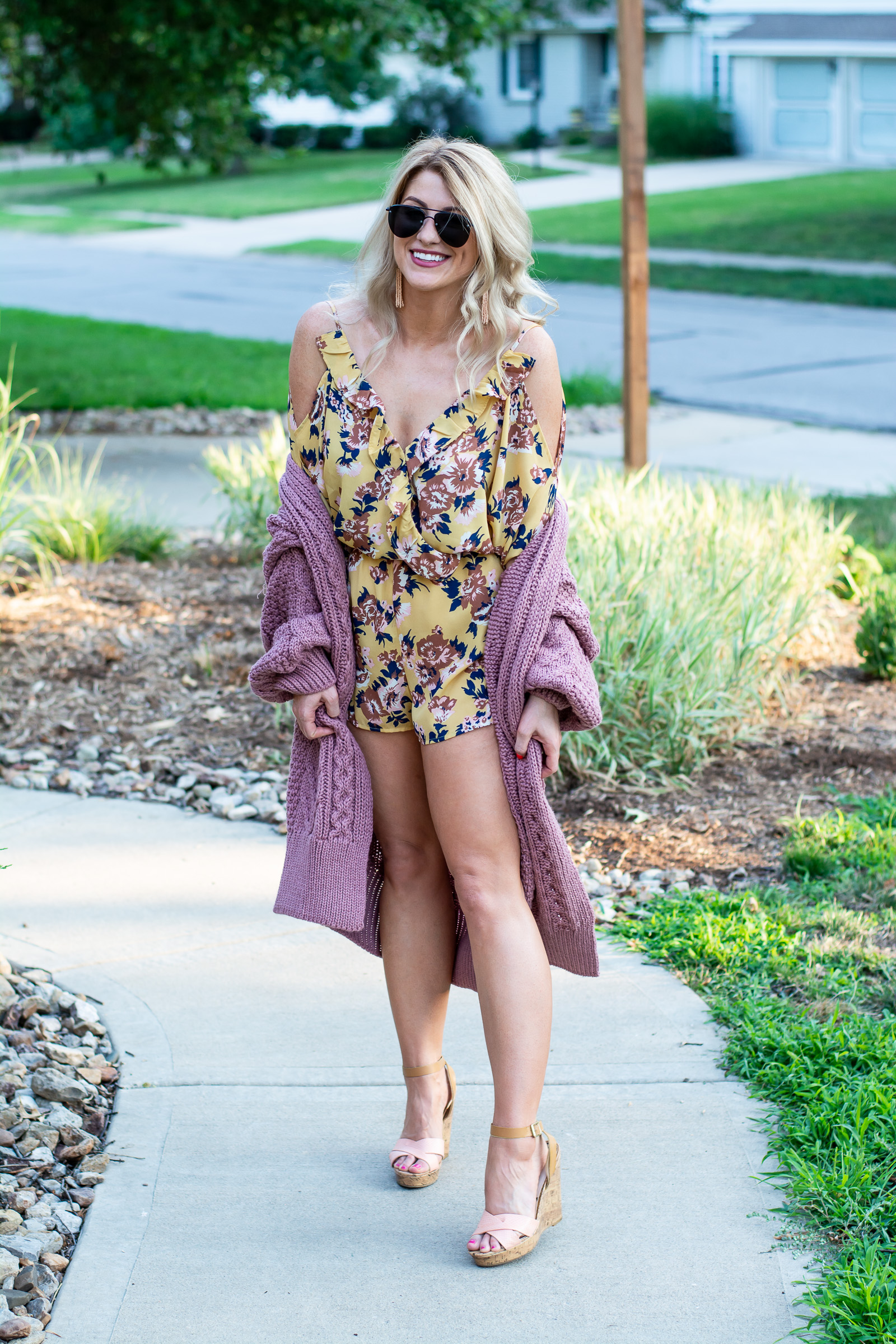 Outfit Idea: Summer Floral Romper Made Fall-Friendly with a Sweater. | LSR 