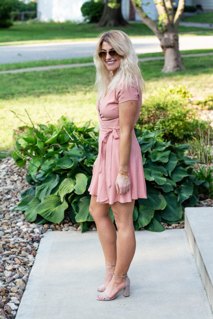 Blush Pink Polka Dot Dress + Nude Sandals. | Le Stylo Rouge