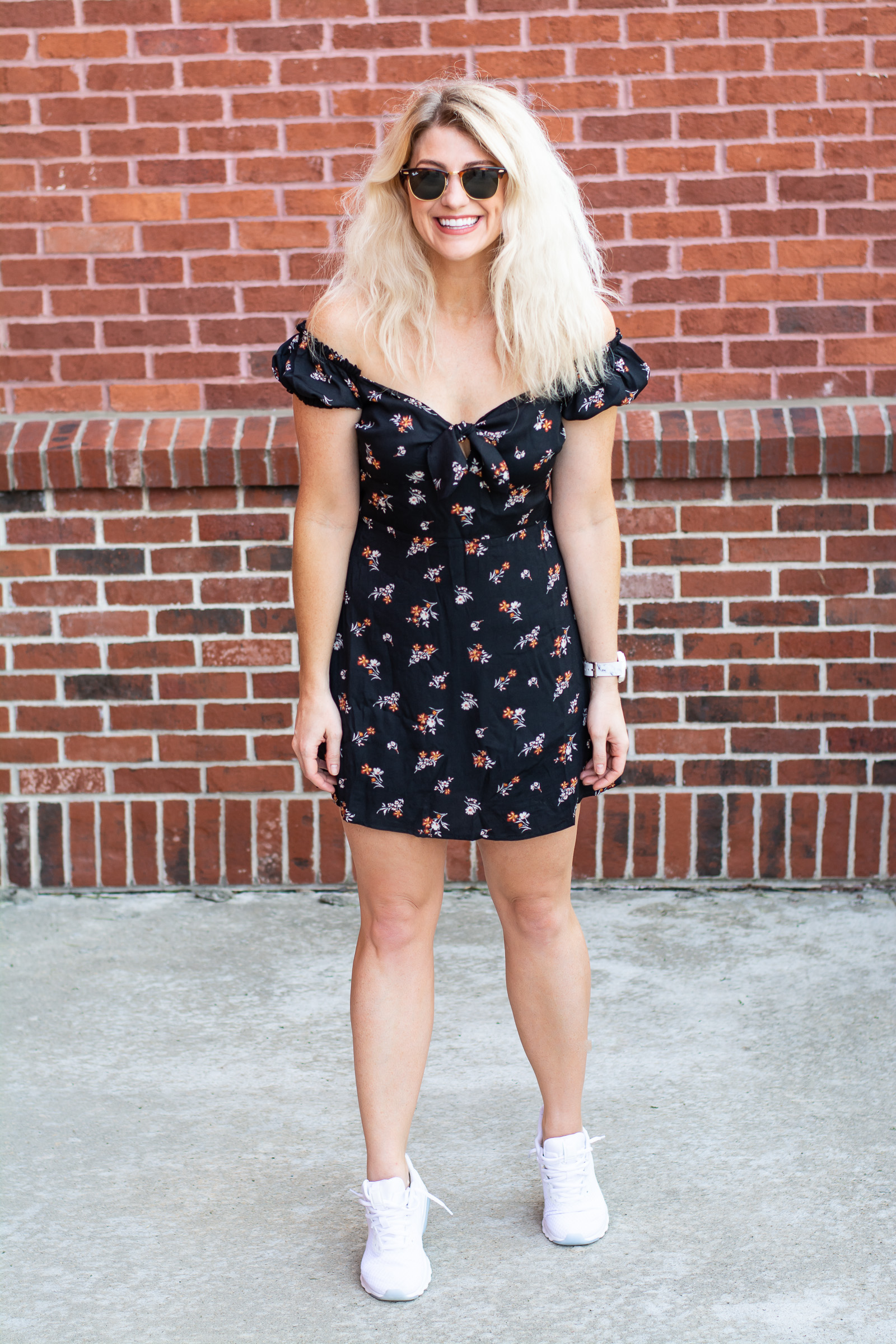 floral dress and sneakers