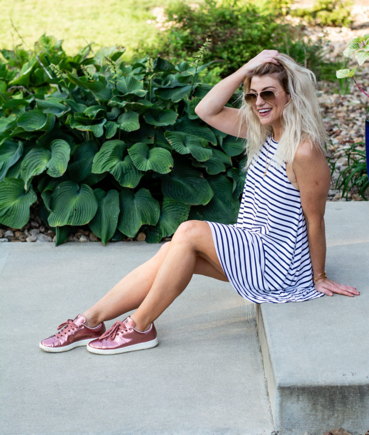 Swingy Striped Dress + Rose Gold Sneakers. | Le Stylo Rouge