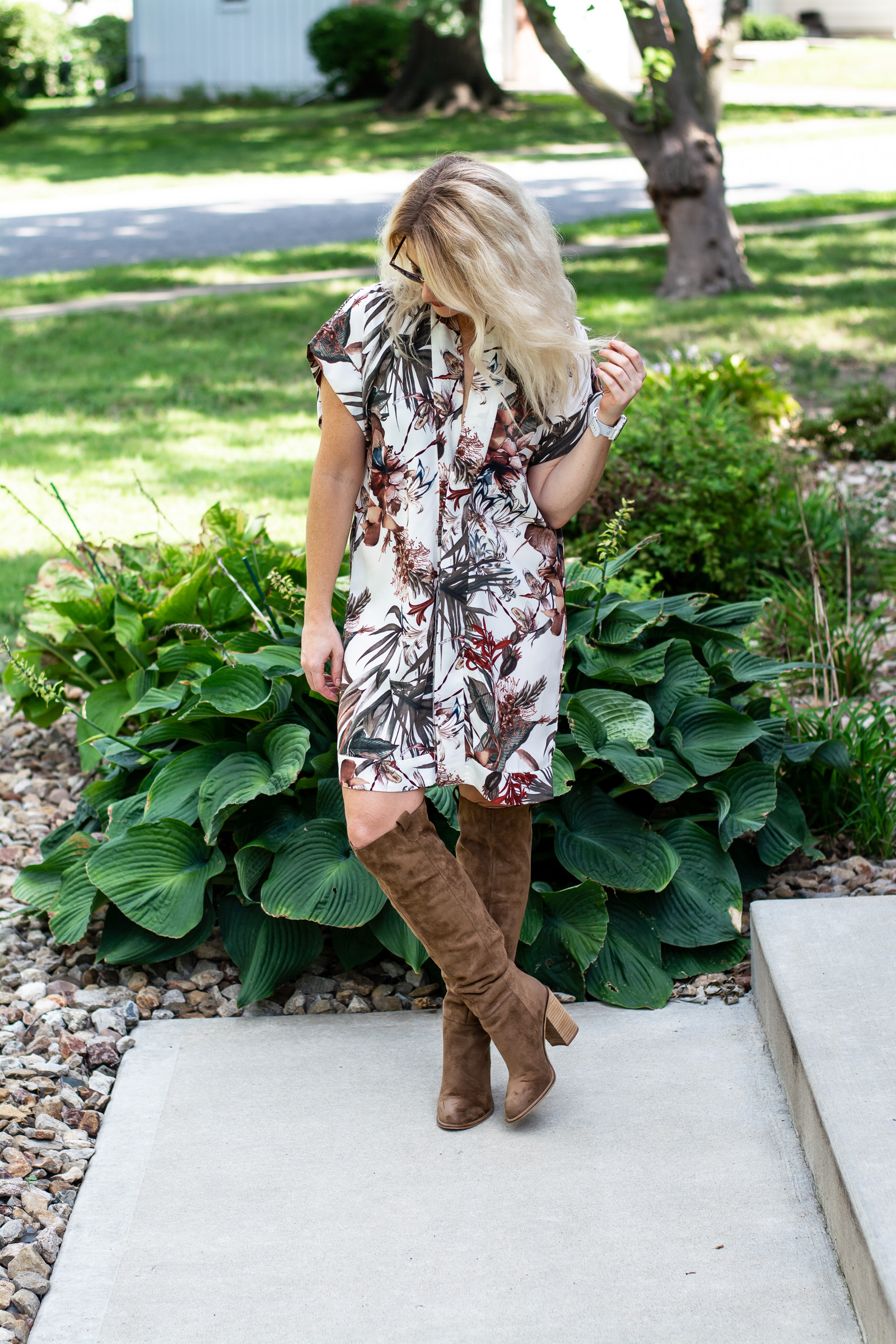 Transitional Tropical Dress + Tall Boots. | Ashley from LSR