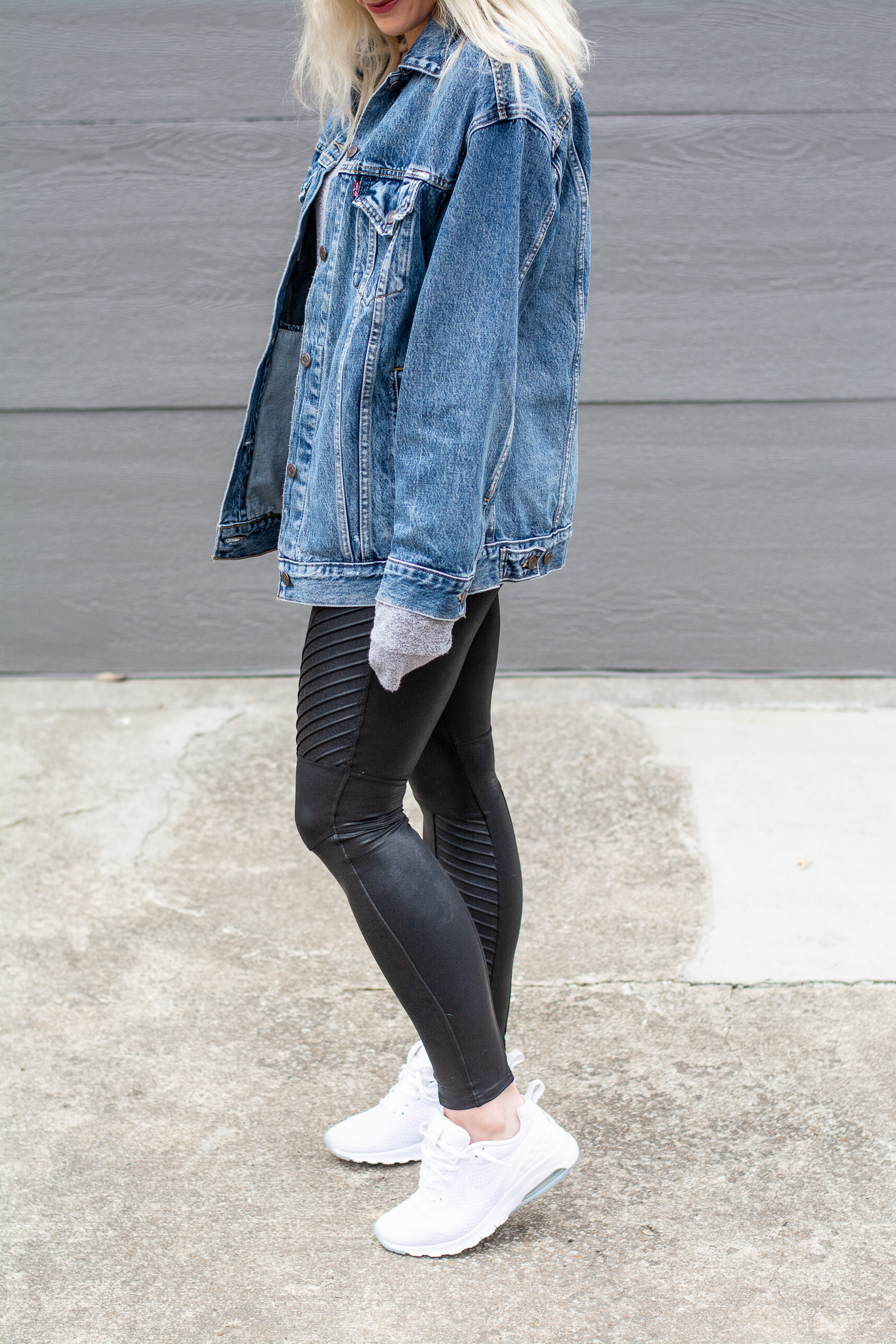 Outfit Idea: Oversized Jean Jacket + Spanx Moto Leggings. | LSR