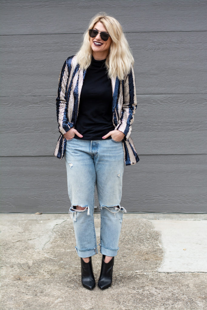 Striped Sequined Blazer + Levi's 501s. | Le Stylo Rouge