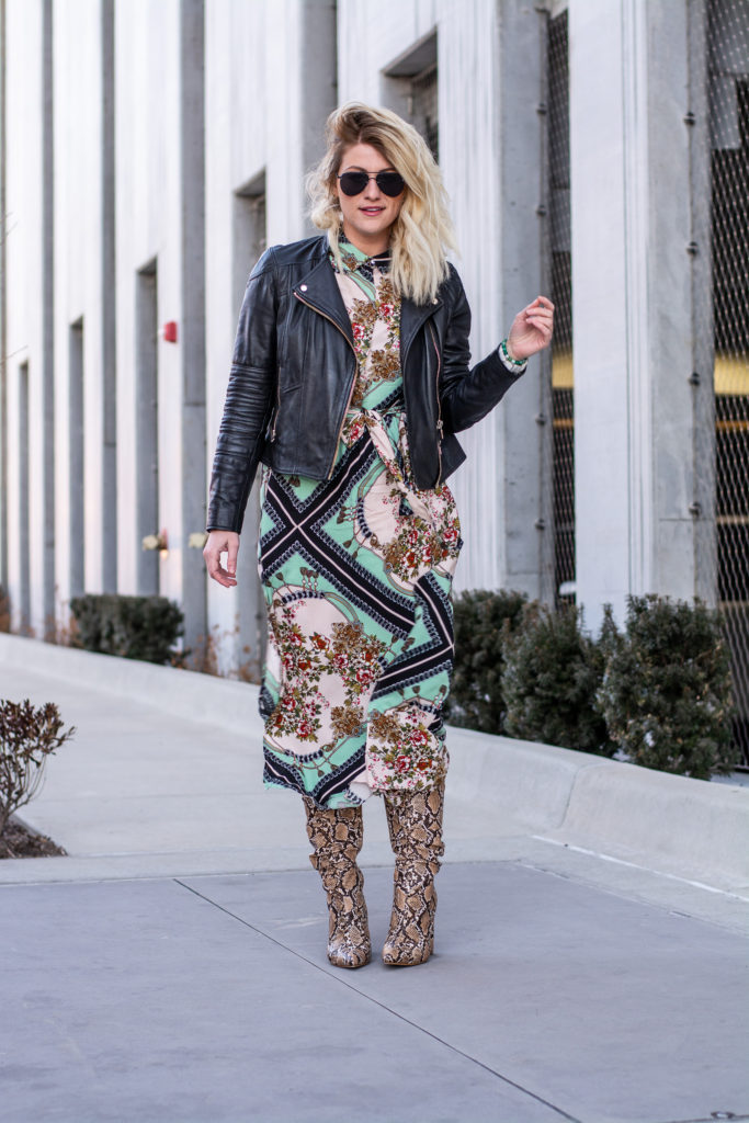 Scarf Print Dress + Snakeskin Boots. | Le Stylo Rouge